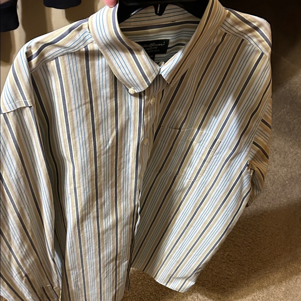 Eddie Bauer Beige and Blue Striped Button Down Shirt